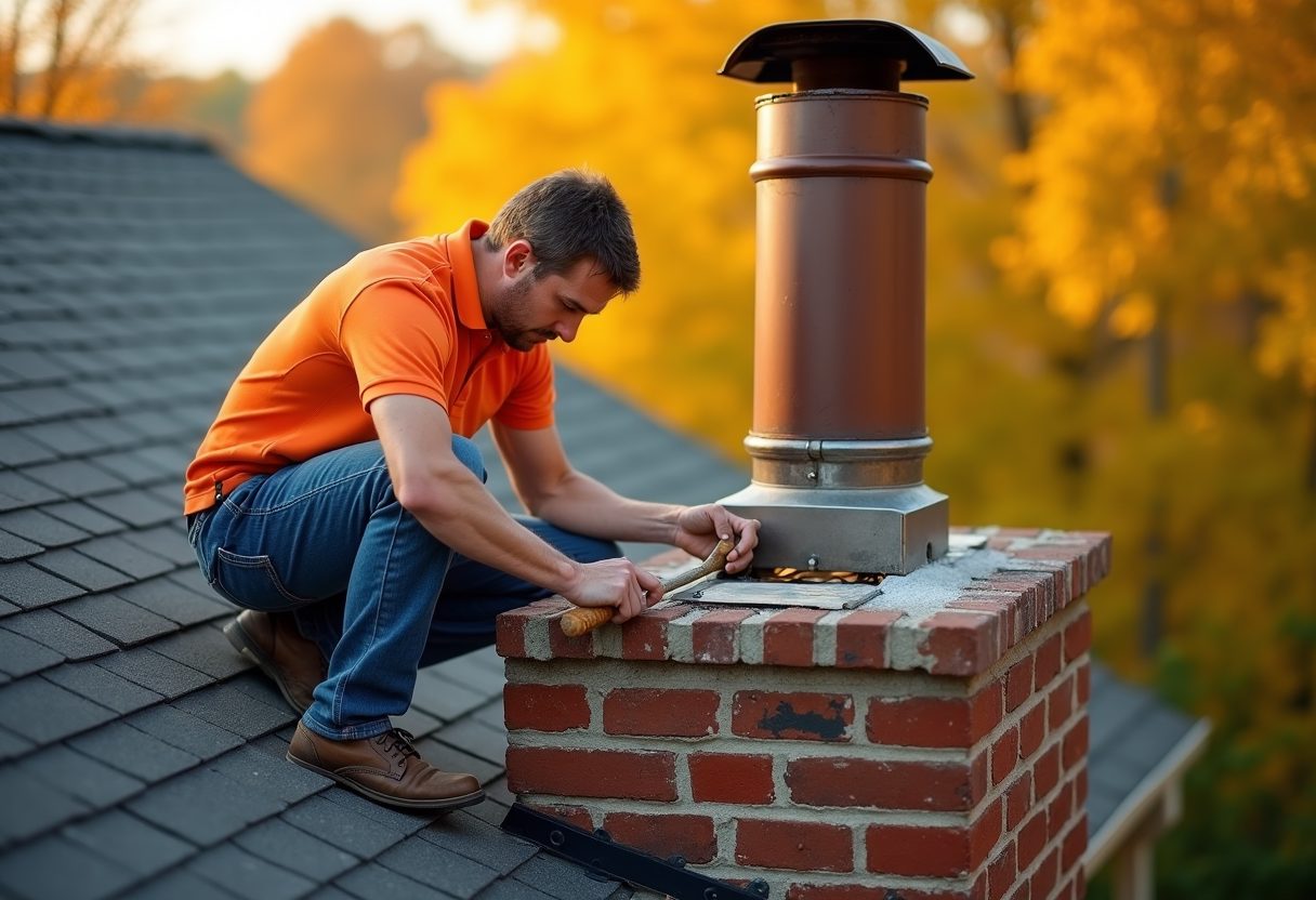 Technician repairing a brick chimney crown — Takoma Park